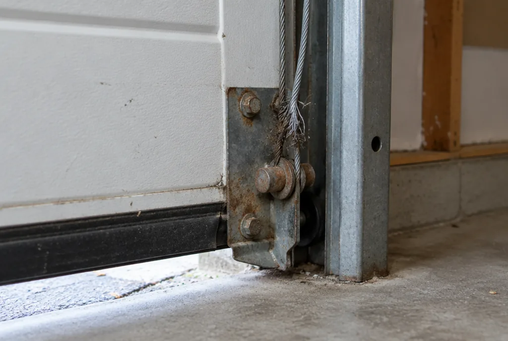 Frayed galvanised lift cable looped onto a rusted bottom bracket at the corner of a white steel garage door