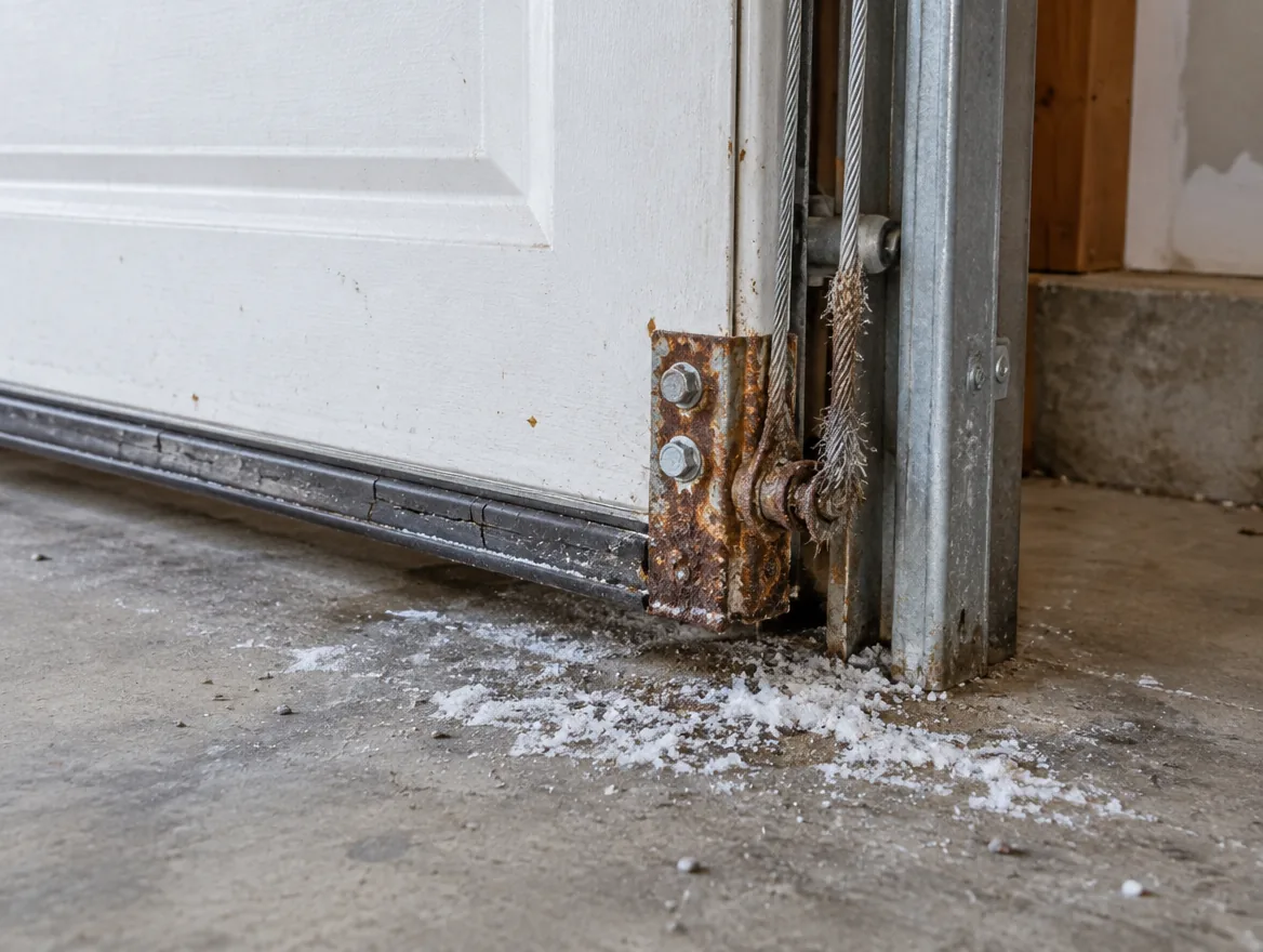 Rusted bottom bracket and frayed lift cable at the base of a white garage door, with road-salt residue on the concrete