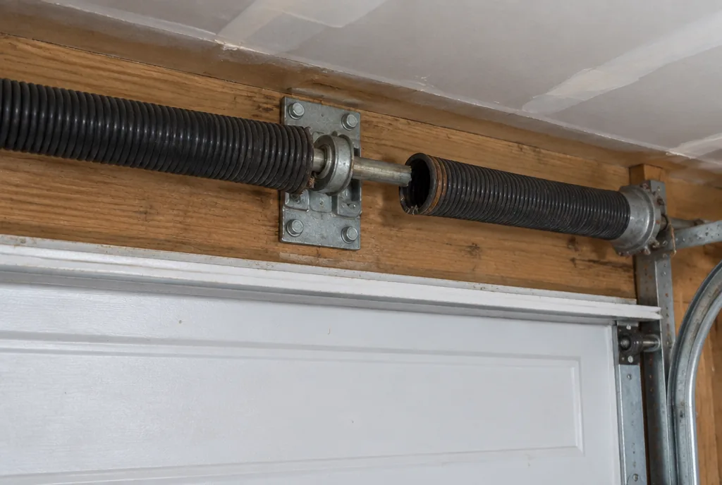 Torsion springs on a steel shaft above a white garage door, one spring broken with a gap in its coils