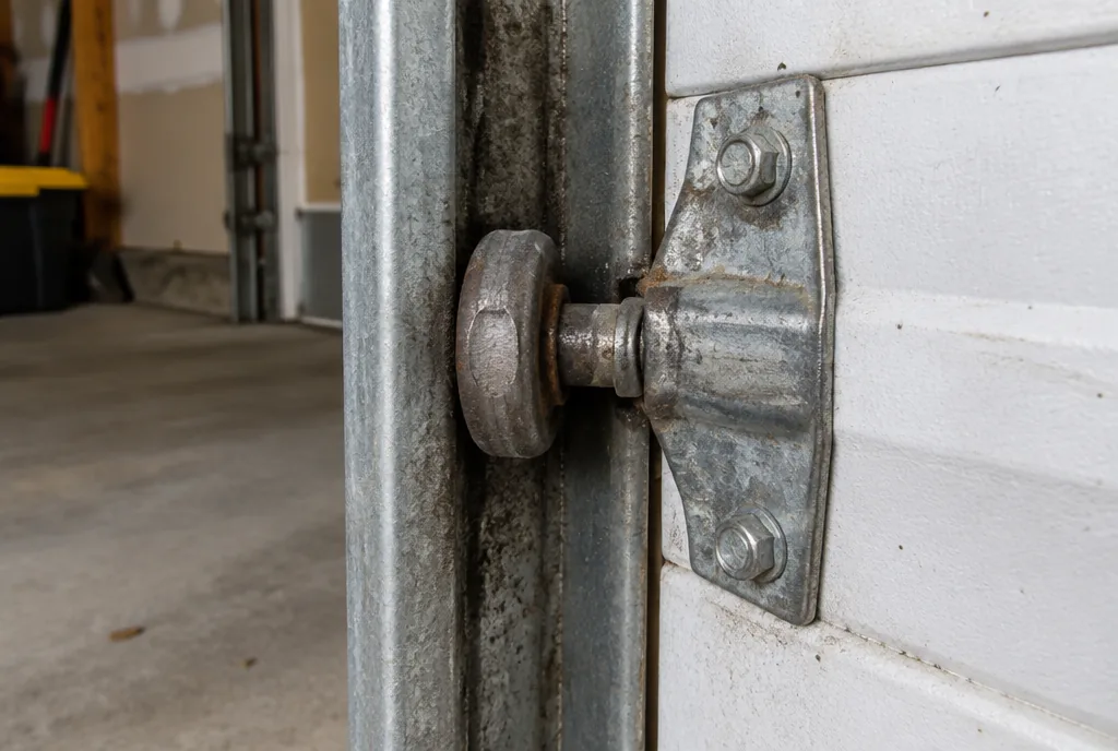 Worn steel garage door roller with a flat spot sitting in a galvanised vertical track