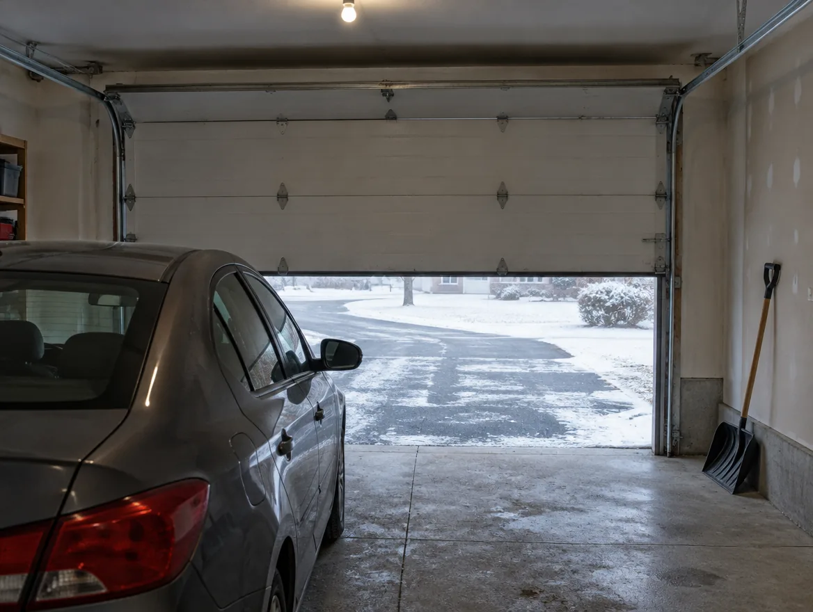 Inside a garage looking toward a partly raised white steel door with a parked car and snow on the driveway beyond