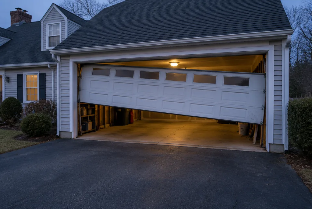 White garage door stuck half open and hanging crooked on a house at dusk, with the garage light on inside