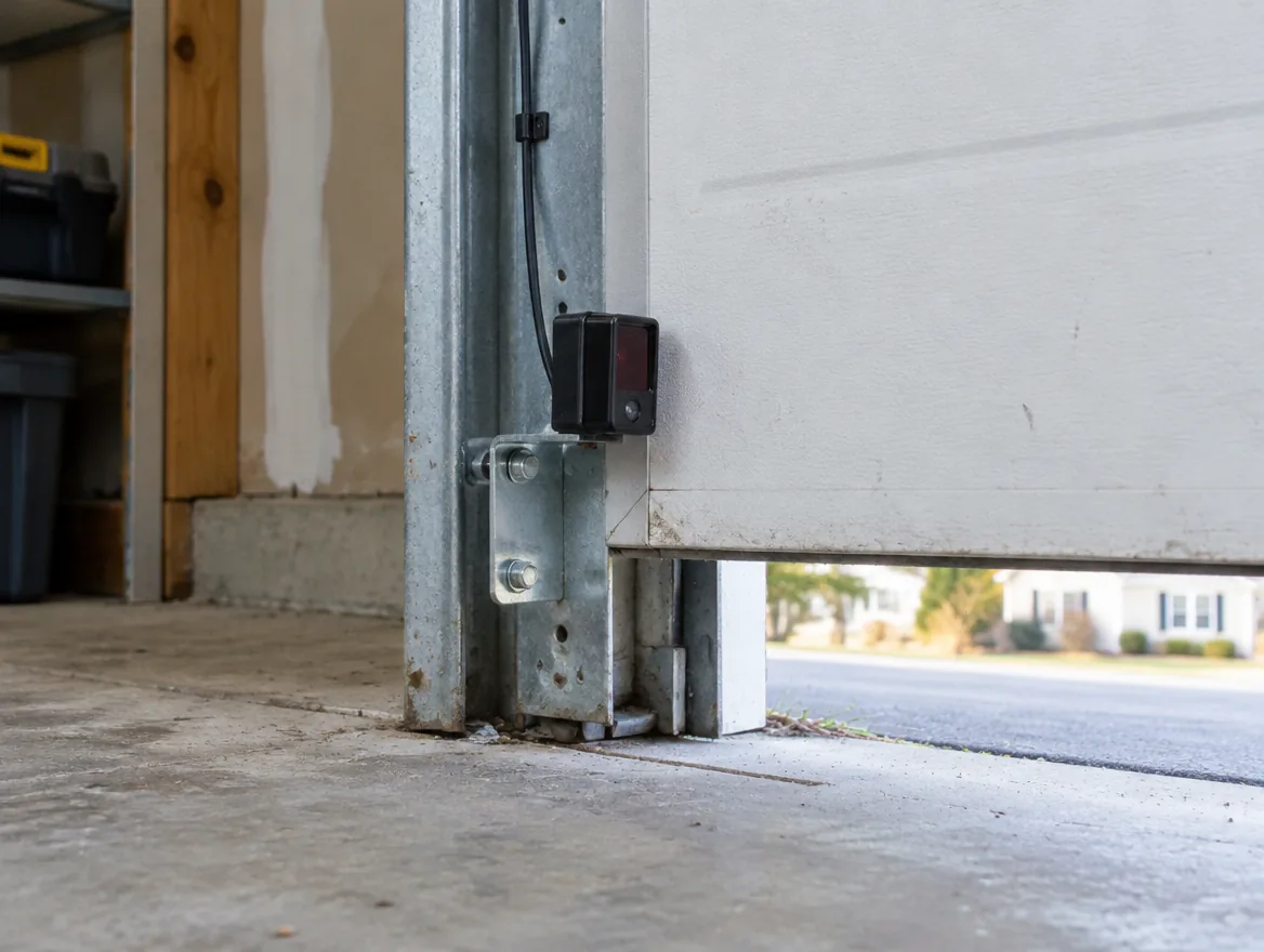 Garage door safety photo-eye sensor mounted on the vertical track beside a concrete floor
