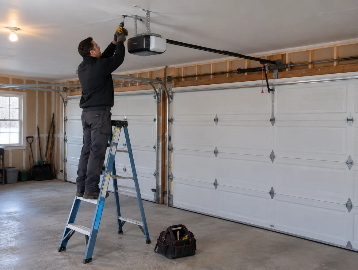 Technician on a stepladder fastening a belt-drive opener to the ceiling of a two-car garage