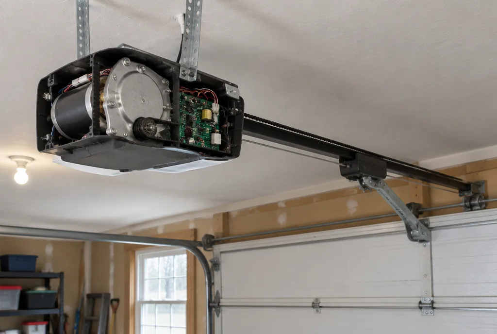 Ceiling-mounted belt-drive garage door opener with its cover removed, showing the motor, drive gear and circuit board