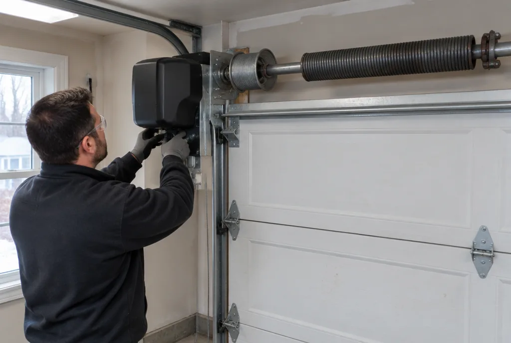 Technician working on a wall-mounted jackshaft opener connected to the end of a torsion spring shaft above a garage door