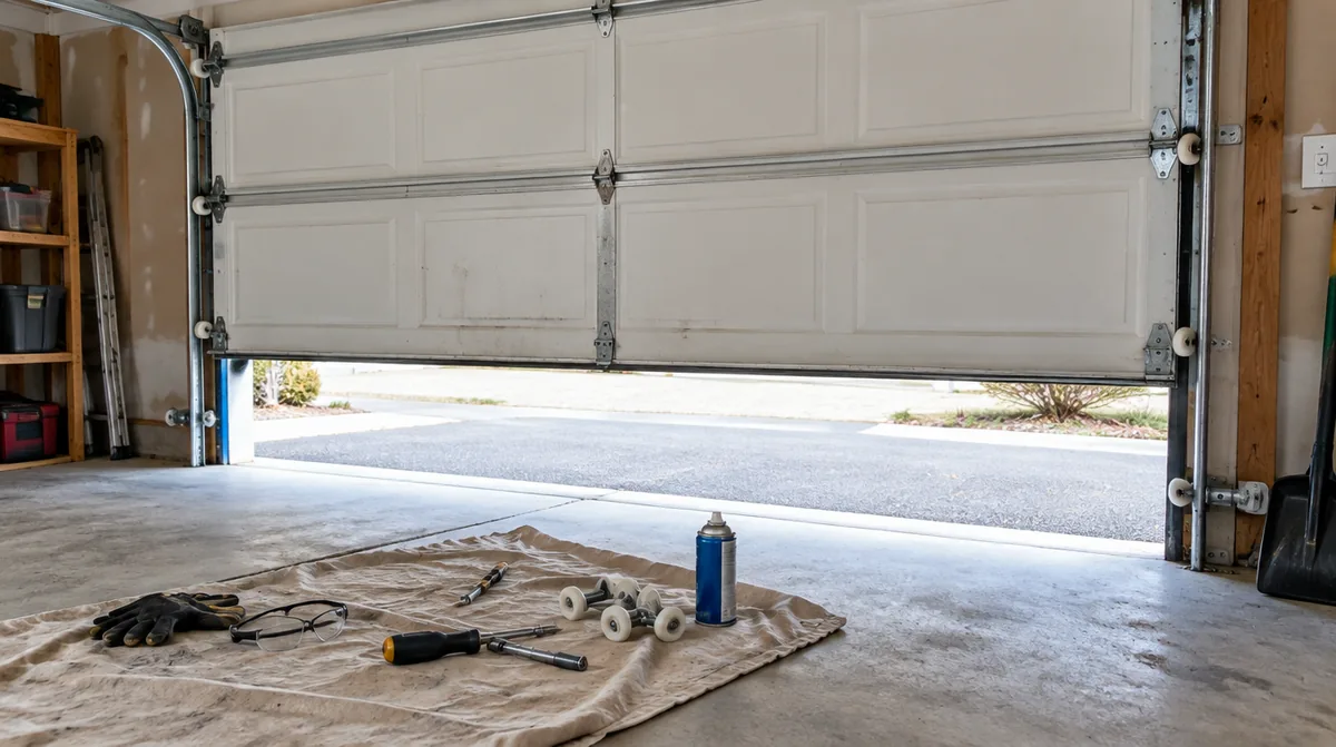 White sectional garage door partly raised inside a garage, with hand tools and spare rollers laid out on a drop cloth