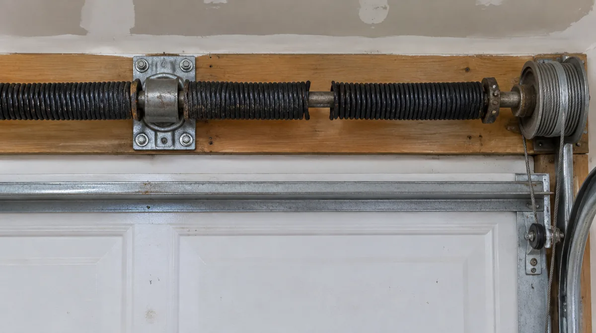 Broken torsion spring on its shaft above a garage door, seen straight on with a gap in the coils