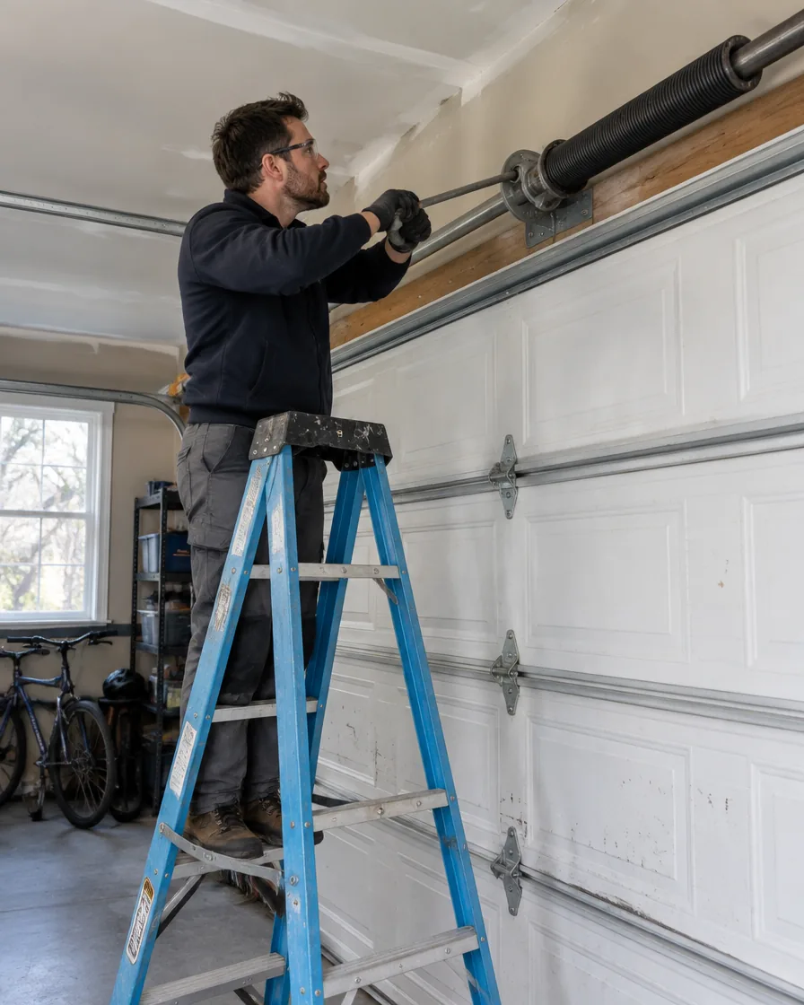 Technician on a stepladder using a winding bar on a torsion spring above a white sectional garage door