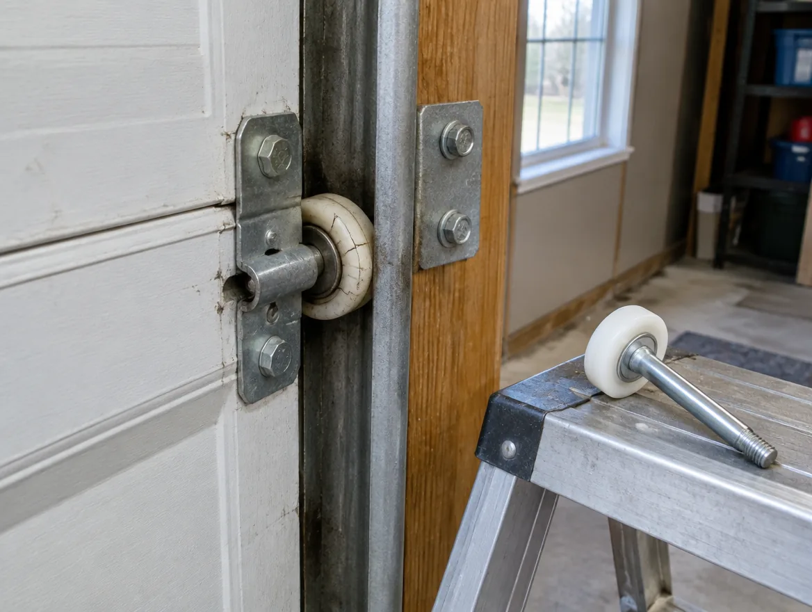 Technician fitting new rollers into the track of a white sectional garage door