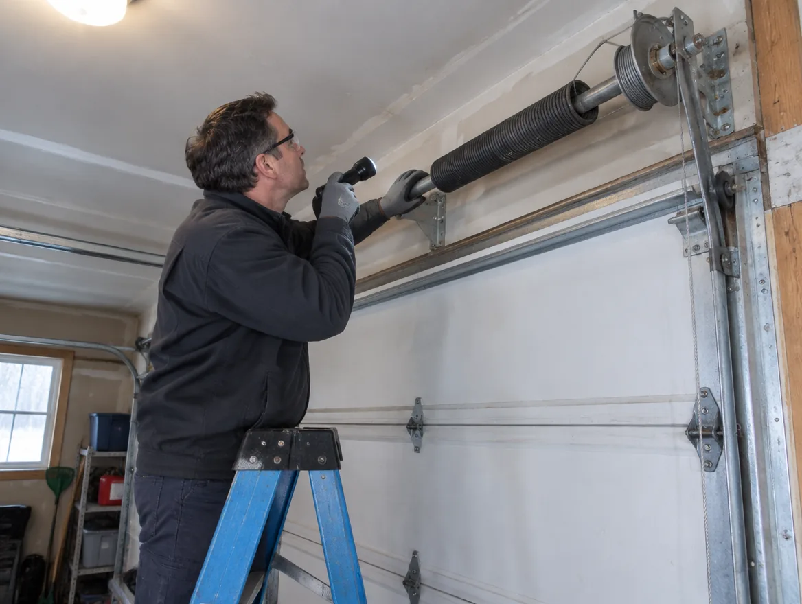 Technician on a stepladder inspecting the torsion spring and cable drum above a white sectional garage door