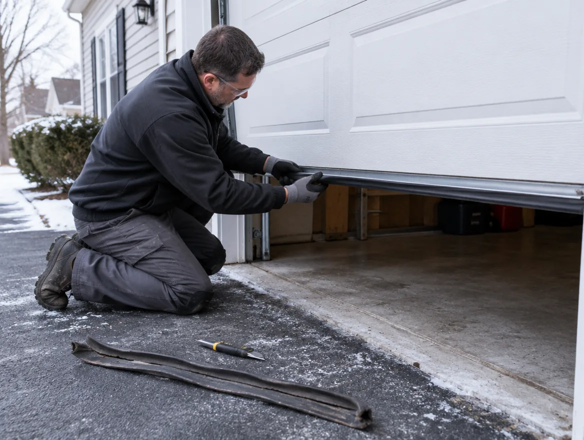 Technician kneeling on a driveway fitting a new rubber bottom seal along the base of a partly raised garage door