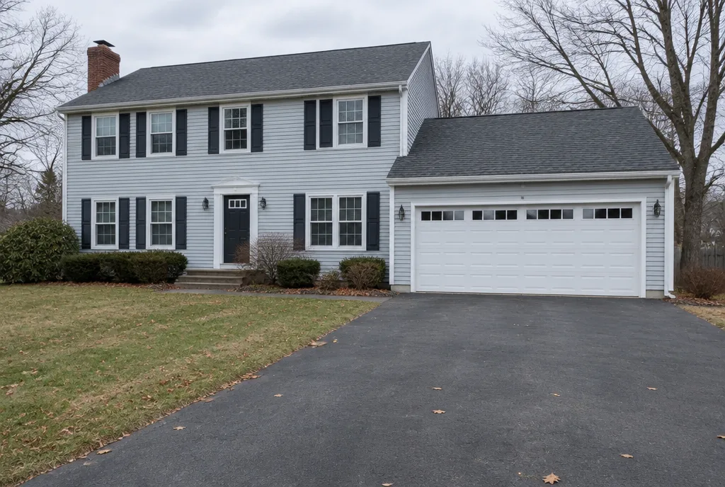 Two-storey colonial house with grey vinyl siding and a white insulated steel sectional garage door on an overcast day