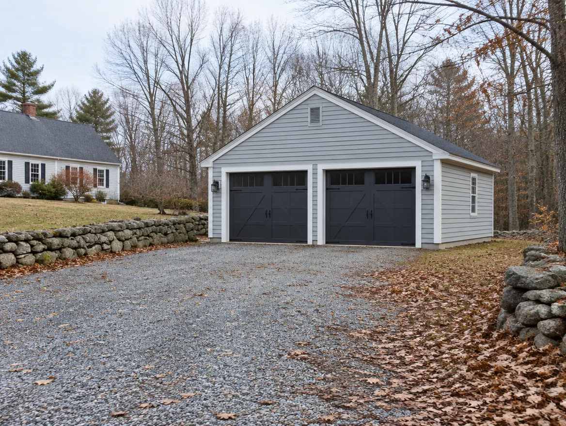 Detached two-car garage with dark carriage-style doors on a rural lot with a gravel drive and stone wall in late autumn